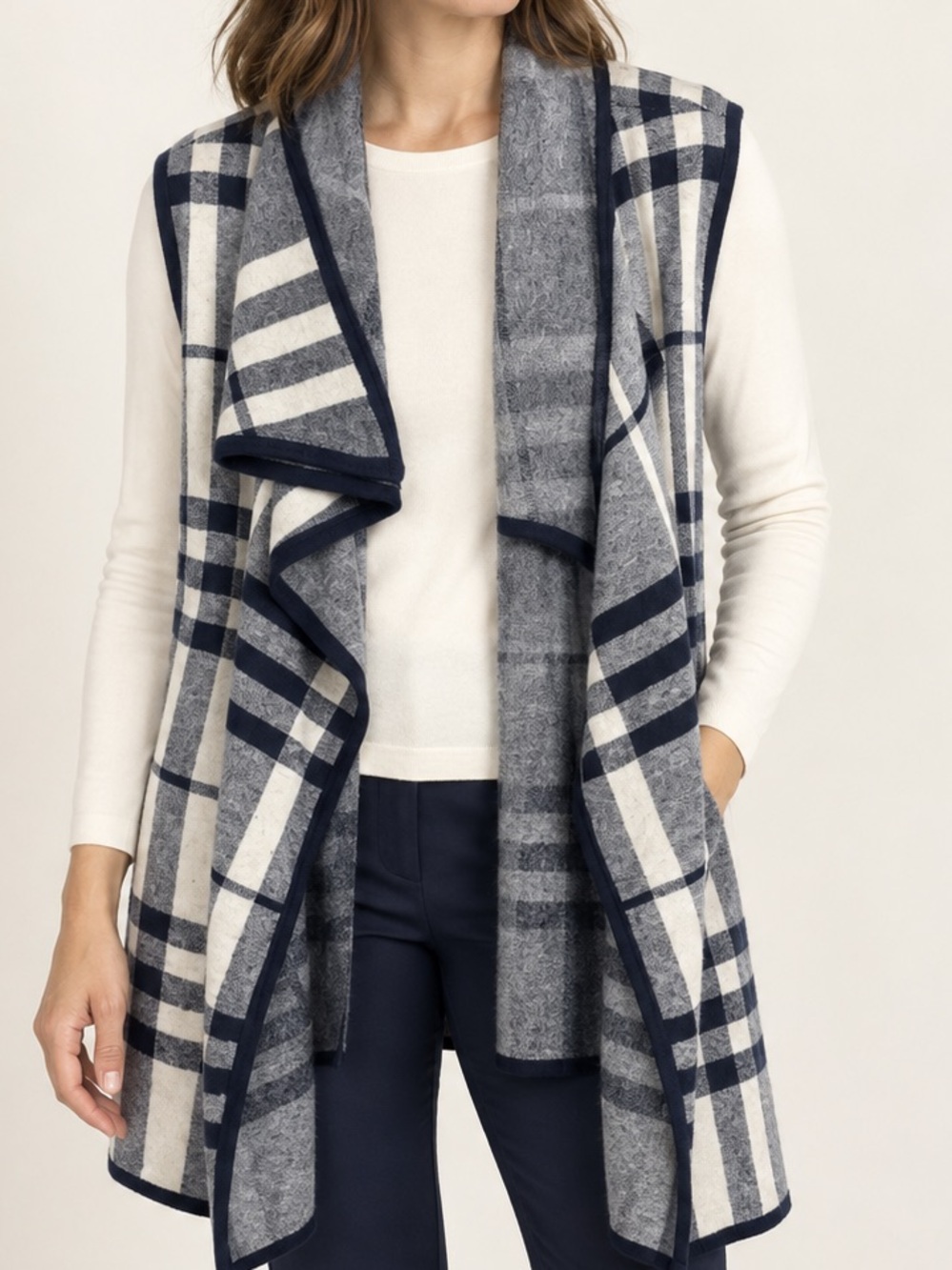 OST Navy Plaid Cotton Cashmere Long Open Sweater NWT Sz. L